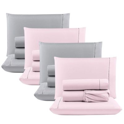 Kit Com 4 Jogos Cama Lençol Casal Padrão Micro Percal 400 Fios Ponto Palito 4 Peças Rosa + Cinza