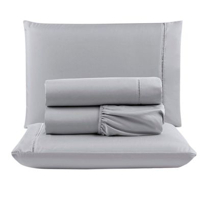 Kit Com 4 Jogos Cama Lençol Casal Padrão Micro Percal 400 Fios Ponto Palito 4 Peças Rosa + Cinza