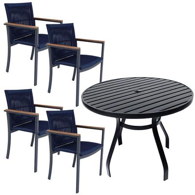 Jogo De Mesa Ripada 1,00m 4 Poltronas Amélia Corda Náutica Para Jantar Jardim Piscina Azul