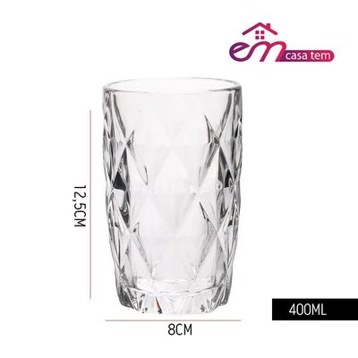 Jogo 4 Copos De Vidro Diamond Diamante Transparente Resistente 400ml Em Casa Tem