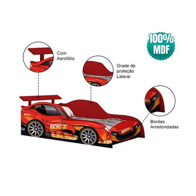 Cama Carro Racing Solteiro Para Meninos Mdf - Vermelho Racing Car Relâmpago
