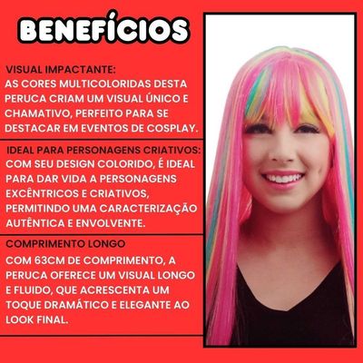 Peruca Longa Lucy Multicolorido Para Cosplay - 63cm