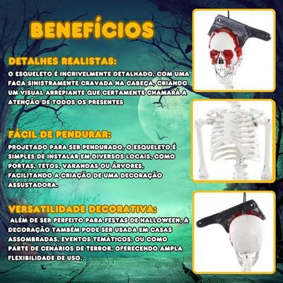 Decoração Halloween Esqueleto Faca Na Caveira Para Pendurar