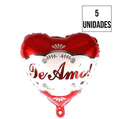 Kit Balão Metalizado Coração Te Amo Vermelho E Branco - 5 Un