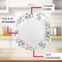 Jogo 8 Prato Raso De Vidro Branco Flores Cinza Flowers Grey 26cm Em Casa Tem