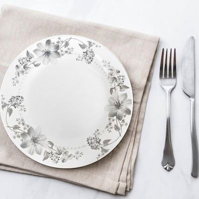 Jogo 8 Prato Raso De Vidro Branco Flores Cinza Flowers Grey 26cm Em Casa Tem