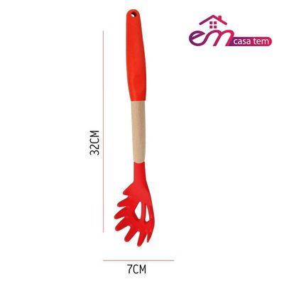 Pegador De Macarrão Massas Silicone E Madeira Grande 32cm Vermelho Em Casa Tem