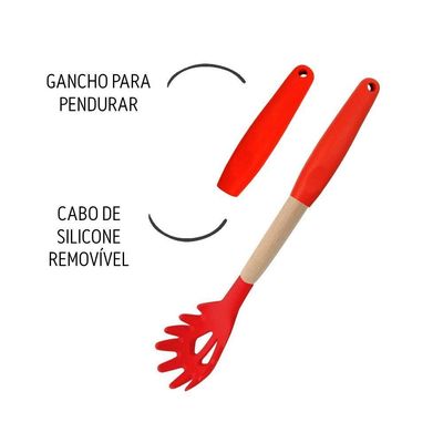 Pegador De Macarrão Massas Silicone E Madeira Grande 32cm Vermelho Em Casa Tem