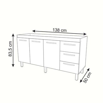 Balcão Armário Cozinha Gabinete Pia De 140 Cm Carine Com 3 Portas E 3 Gavetas Preto