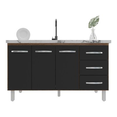 Balcão Armário Cozinha Gabinete Pia De 140 Cm Carine Com 3 Portas E 3 Gavetas Preto
