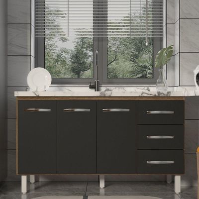 Balcão Armário Cozinha Gabinete Pia De 140 Cm Carine Com 3 Portas E 3 Gavetas Preto