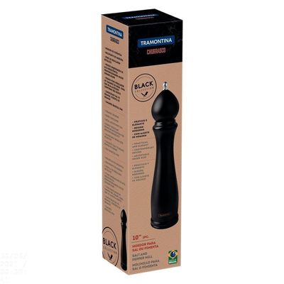 Moedor De Pimenta E Sal Churrasco Black Em Cerâmica Com Recipiente De Madeira 10"