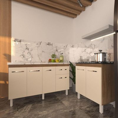 Balcão Armário Gabinete Para Pia 138 Cm Camila E Balcão Para Cooktop 5 Bocas Fran Savana Off White