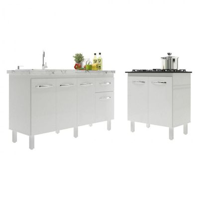 Balcão Armário Gabinete Para Pia 138 Cm Camila E Balcão Para Cooktop 5 Bocas Fran Branco