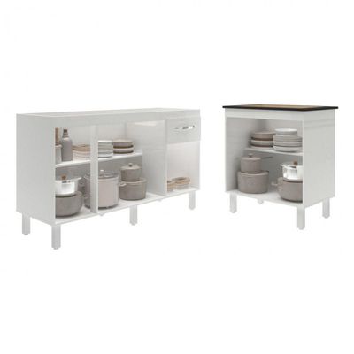 Balcão Armário Gabinete Para Pia 138 Cm Camila E Balcão Para Cooktop 5 Bocas Fran Branco