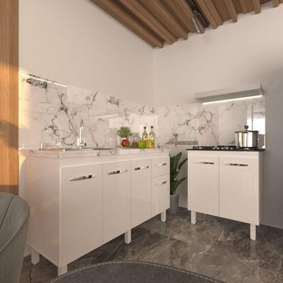 Balcão Armário Gabinete Para Pia 138 Cm Camila E Balcão Para Cooktop 5 Bocas Fran Branco