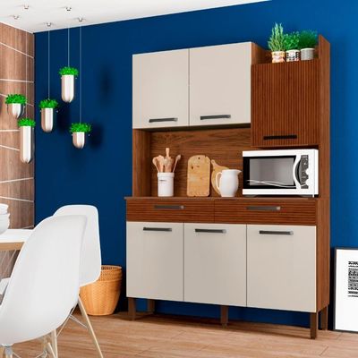 Armário De Cozinha Kit 6 Portas Modena Kits Paraná Nogueira Off White Ripado