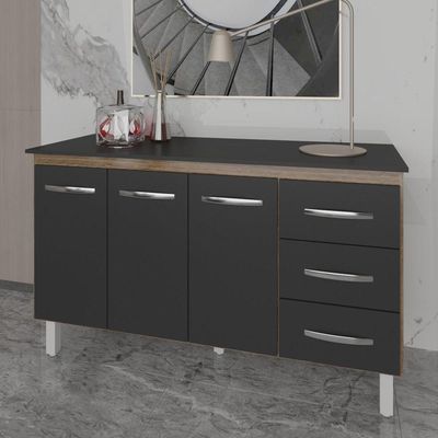 Armário Cozinha Gabinete De Pia 160 Cm Estela Savana Preto E Tampo Tampão 160 Cm Mobília Decor Preto