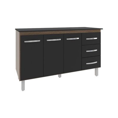 Armário Cozinha Gabinete De Pia 160 Cm Estela Savana Preto E Tampo Tampão 160 Cm Mobília Decor Preto