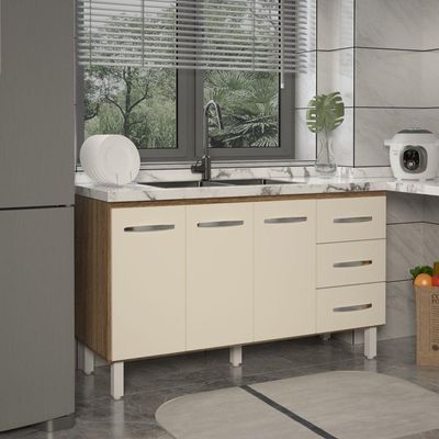 Balcão Armário Cozinha Gabinete Pia De 140 Cm Carine Com 3 Portas E 3 Gavetas Off White