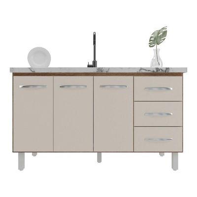 Balcão Armário Cozinha Gabinete Pia De 140 Cm Carine Com 3 Portas E 3 Gavetas Off White