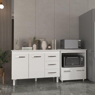 Balcão Armário Gabinete Bruna 118 Cm Com Tampo Tampão E Balcão Amanda Para Forno E Microondas Branco