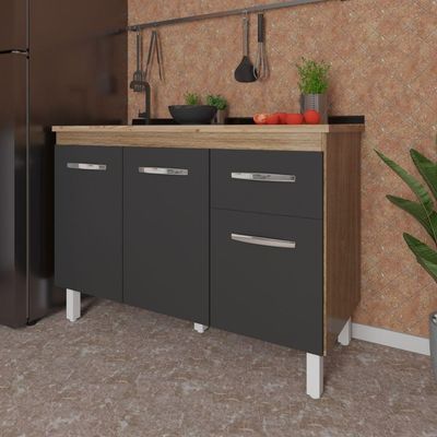 Balcão Armário Gabinete Para Pia De Cozinha 118 Cm Aline 3 Portas E 1 Gaveta Preto