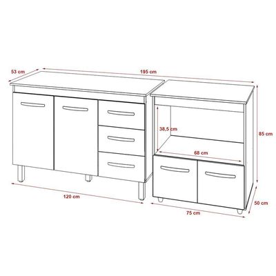 Balcão Armário Gabinete Bruna 118 Cm Com Tampo Tampão E Balcão Amanda Para Forno E Microondas Branco