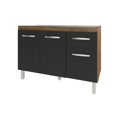 Balcão Armário Gabinete Para Pia De Cozinha 118 Cm Aline 3 Portas E 1 Gaveta Preto
