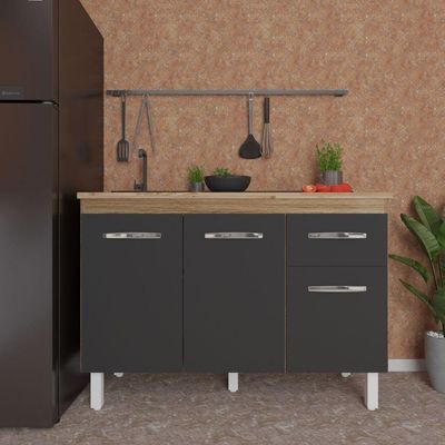 Balcão Armário Gabinete Para Pia De Cozinha 118 Cm Aline 3 Portas E 1 Gaveta Preto