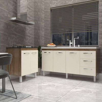 Balcão Cozinha Gabinete Para Pia 138 Cm Carine E Balcão Para Cooktop 4 Bocas Fran Savana Off White