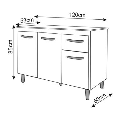 Balcão Gabinete Para Pia 118 Cm Cozinha Aline Branco Com Tampo Tampão 120 Cm Branco
