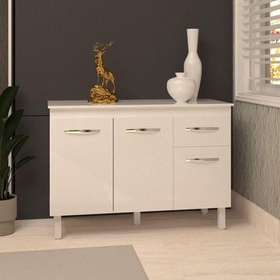 Balcão Gabinete Para Pia 118 Cm Cozinha Aline Branco Com Tampo Tampão 120 Cm Branco