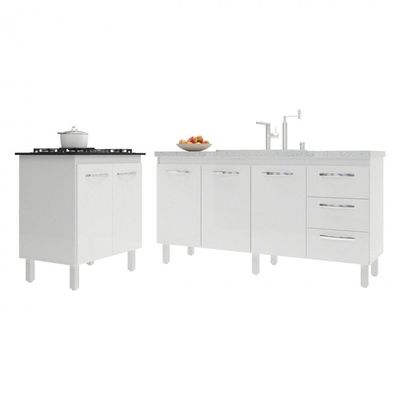 Balcão Cozinha Gabinete Para Pia 138 Cm Carine E Balcão Fran Para Cooktop 5 Bocas Branco