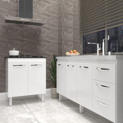 Balcão Cozinha Gabinete Para Pia 138 Cm Carine E Balcão Fran Para Cooktop 5 Bocas Branco