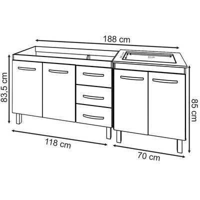 Armário Cozinha Gabinete Pia De 120 Cm Bruna E Balcão Fran Para Cooktop 4 Bocas Branco