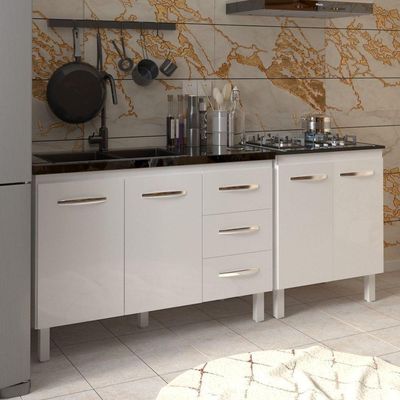 Armário Cozinha Gabinete Pia De 120 Cm Bruna E Balcão Fran Para Cooktop 4 Bocas Branco