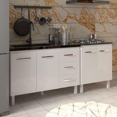 Armário Cozinha Gabinete Pia De 120 Cm Bruna E Balcão Fran Para Cooktop 5 Bocas Branco