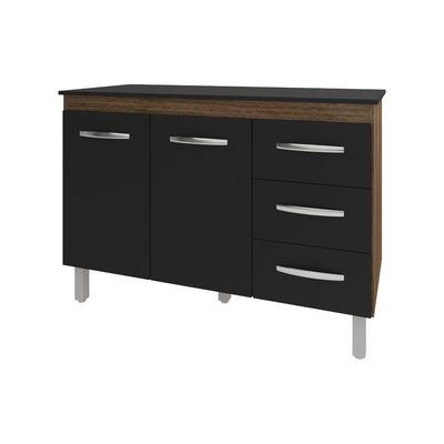 Balcão Gabinete Para Pia 118 Cm Cozinha Bruna Savana Preto Com Tampo Tampão 120 Cm Preto