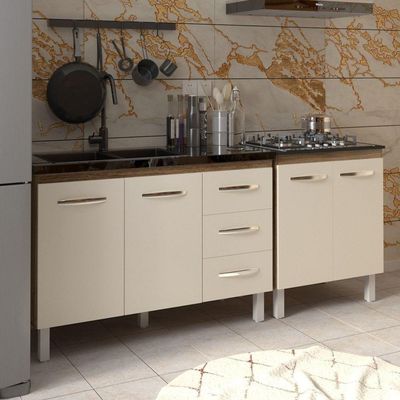 Armário Cozinha Gabinete Pia De 120 Cm Bruna E Balcão Fran Para Cooktop 5 Bocas Savana Off White