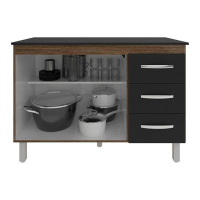 Balcão Gabinete Para Pia 118 Cm Cozinha Bruna Savana Preto Com Tampo Tampão 120 Cm Preto