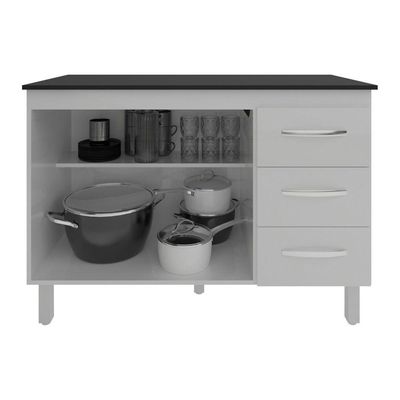 Balcão Gabinete Para Pia 118 Cm Cozinha Bruna Branco Com Tampo Tampão 120 Cm Preto