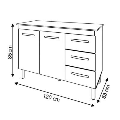 Balcão Gabinete Para Pia 118 Cm Cozinha Bruna Branco Com Tampo Tampão 120 Cm Preto