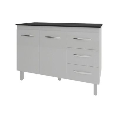 Balcão Gabinete Para Pia 118 Cm Cozinha Bruna Branco Com Tampo Tampão 120 Cm Preto