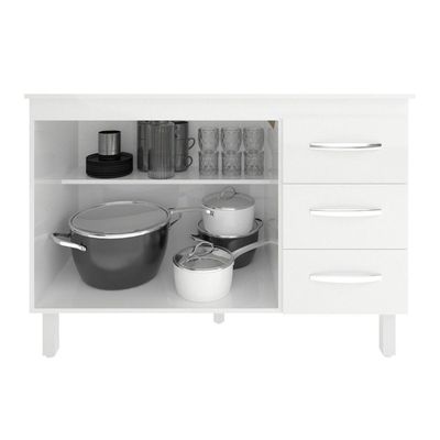 Balcão Gabinete Para Pia 118 Cm Cozinha Bruna Branco Com Tampo Tampão 120 Cm Branco