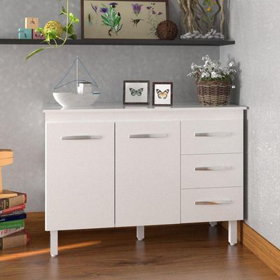 Balcão Gabinete Para Pia 118 Cm Cozinha Bruna Branco Com Tampo Tampão 120 Cm Branco
