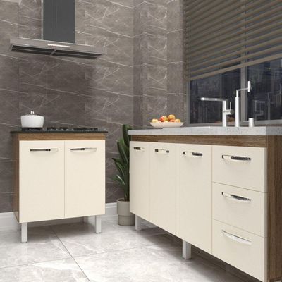 Balcão Cozinha Gabinete Para Pia 138 Cm Carine E Balcão Fran Para Cooktop 5 Bocas Savana Off White
