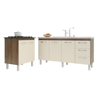 Balcão Cozinha Gabinete Para Pia 138 Cm Carine E Balcão Fran Para Cooktop 5 Bocas Savana Off White