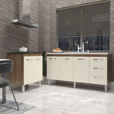 Balcão Cozinha Gabinete Para Pia 138 Cm Carine E Balcão Fran Para Cooktop 5 Bocas Savana Off White