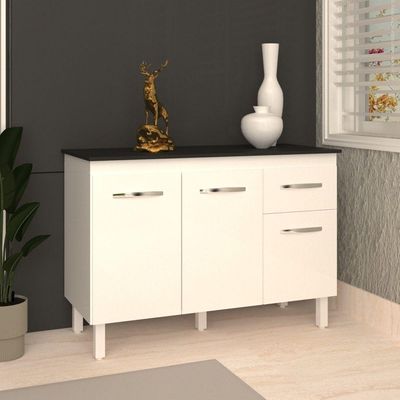 Balcão Gabinete Para Pia 118 Cm Cozinha Aline Branco Com Tampo Tampão 120 Cm Preto